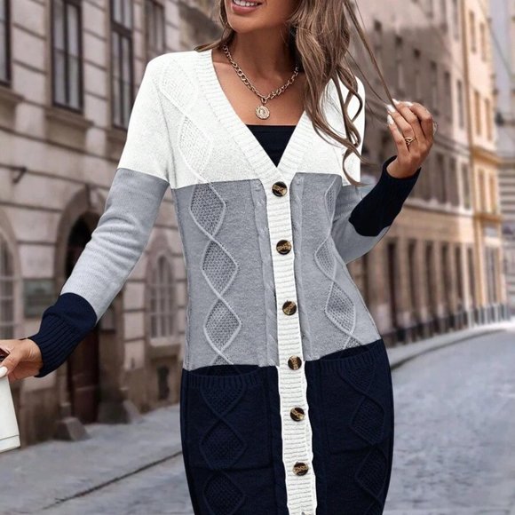 Color Block Dual Pocket Button Front Cardigan - Picture 3 of 6